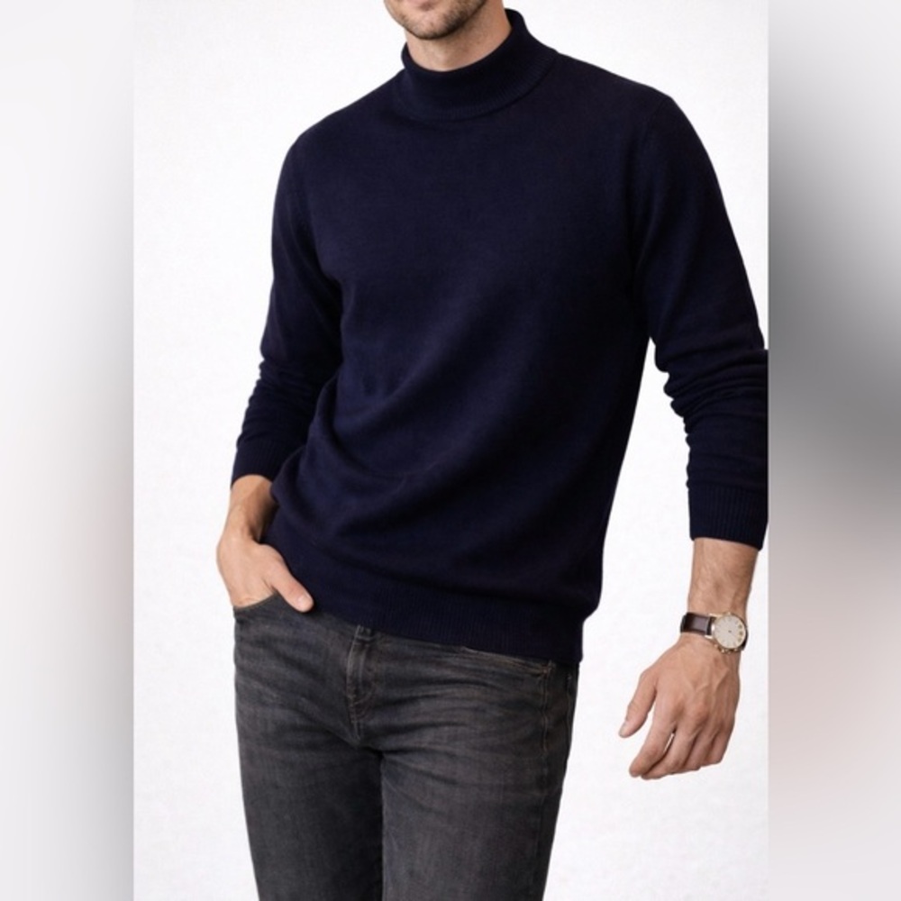 Tundra Canada Men’s 100% Merino Wool Mock Neck Sweater Navy Blue Quality M